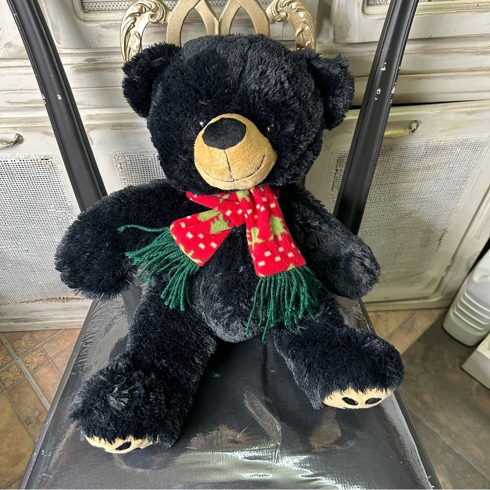Black bear Erik Aurora plush Christmas wearing red green pine trees scarf 20"